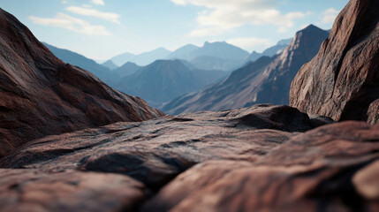 Obraz premium stunning view of rugged mountains and rocky terrain, showcasing beauty of nature with focus on textures of rocks in foreground. distant peaks create serene and majestic atmosphere