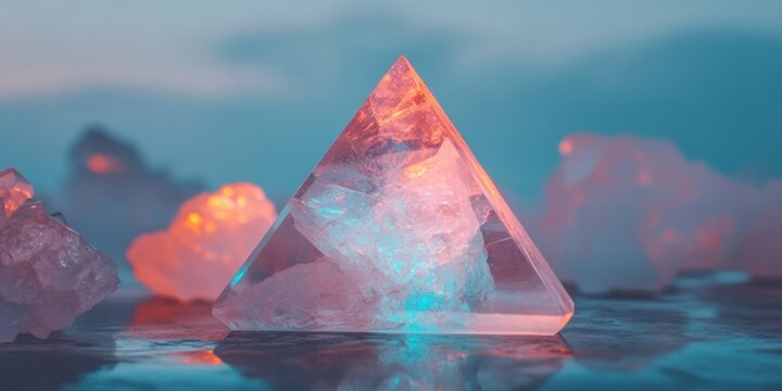 Ethereal Energy Transformation Holographic Orgonite Pyramid in Tranquil Water Landscape - Mindful Wellness Innovation and Metaphysical Healing Aesthetics