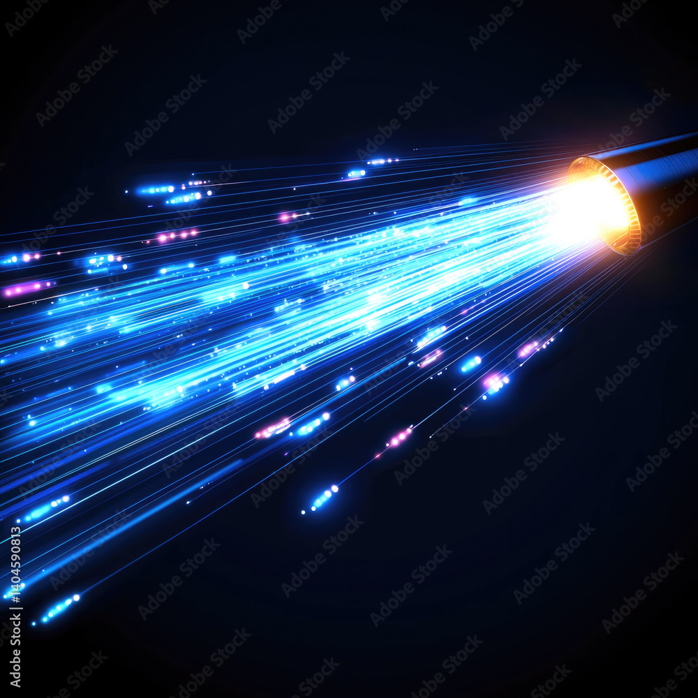 Poster blue light streaks emanate from fiber optic cable, creating vibrant display of glowing particles aga