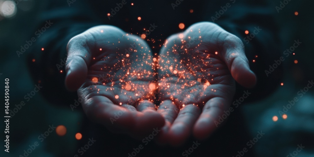 Poster digital empathy visualization ethereal network connections emerging from human hands, transforming c
