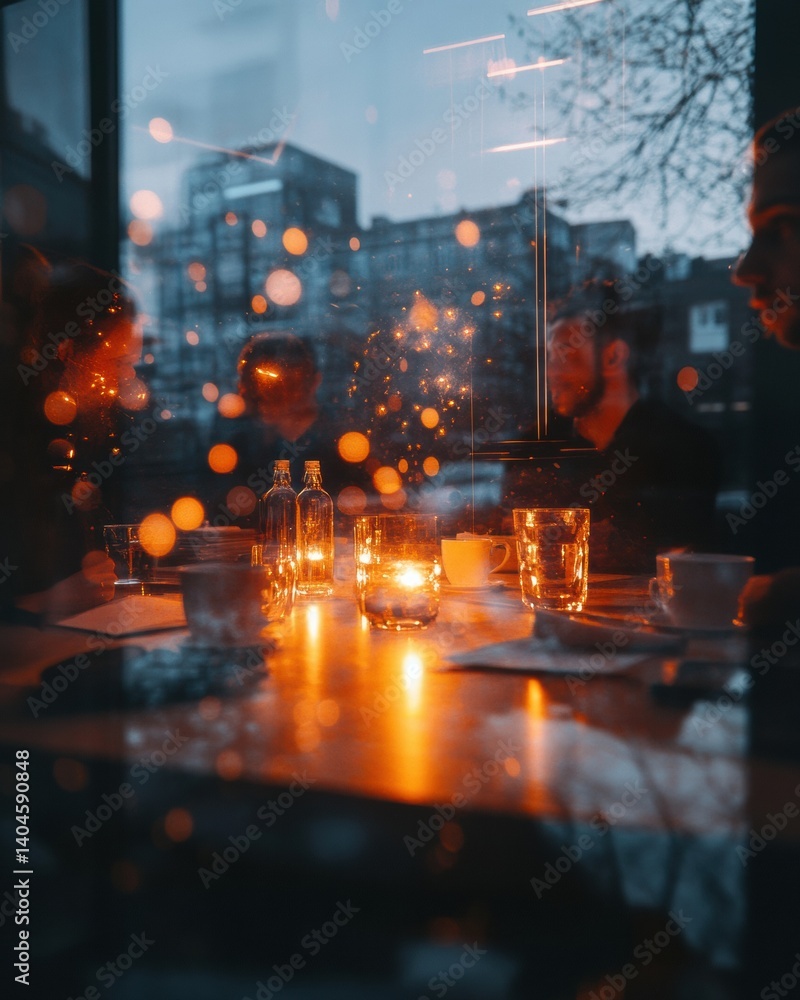 Aufkleber Atmospheric Urban Networking Moody Evening Cityscape with Warm Candlelight Ambiance - Intimate Professional Connection and Soft Focus Workspace Storytelling