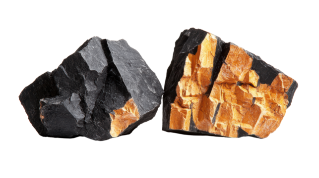 Two distinctive geological rock samples highlighting dark and light mineral composition on black background