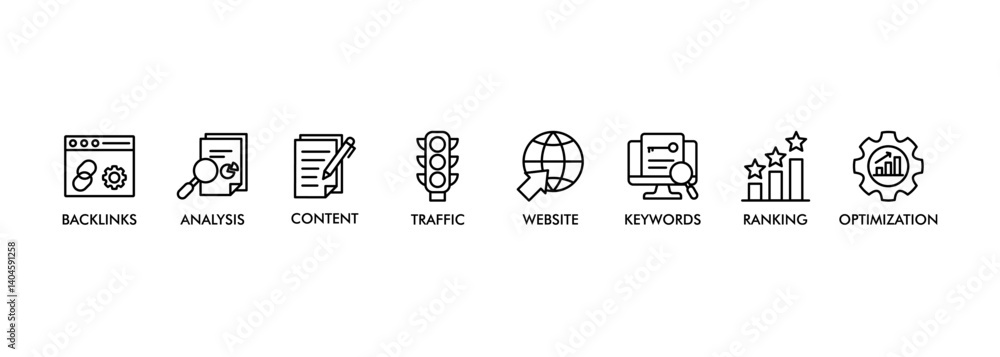 Aufkleber seo banner web icon vector illustration concept for search engine optimization with icon of website,