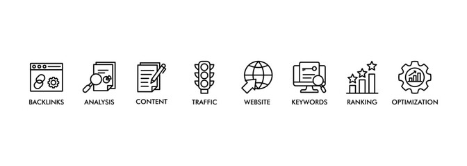 SEO banner web icon vector illustration concept for search engine optimization with icon of website, analysis, content, backlinks, keywords, traffic, ranking, and optimization
