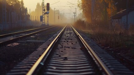 Portrait train railroad tracks in the morning with fog. generative AI image