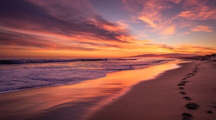 A serene beach at sunset featuring vibrant sky colors of orange, pink, purple and blue, with footprints on the sand, creating an enchanting and tranquil scene, captured in a wide shot.