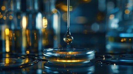 Closeup macro oil dropping on blue background. Generated AI image