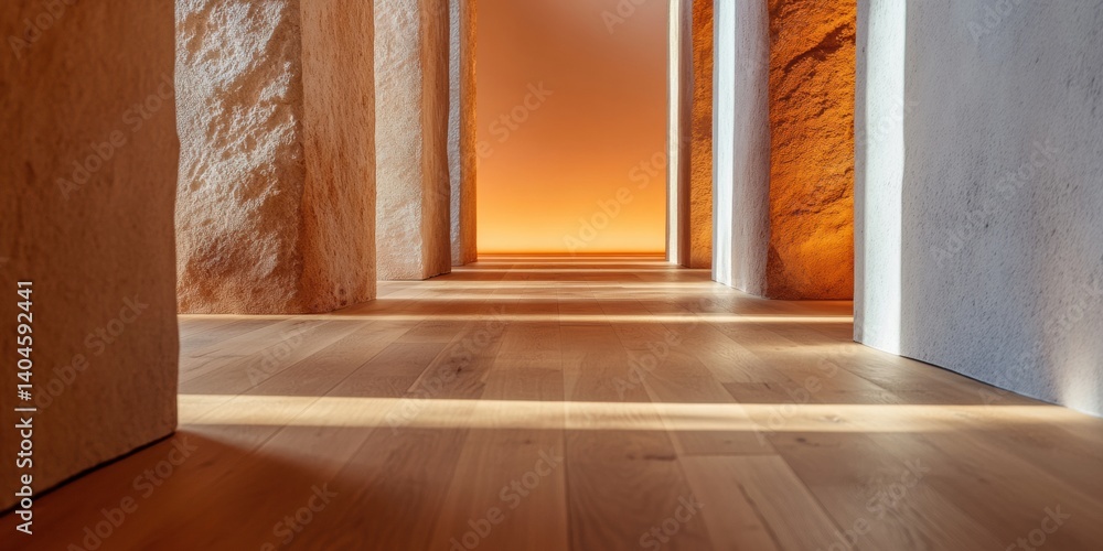Poster Minimalist Architectural Illumination Warm Textural Corridor Design Exploring Light, Shadow, and Spatial Narrative for Contemporary Experiential Environments