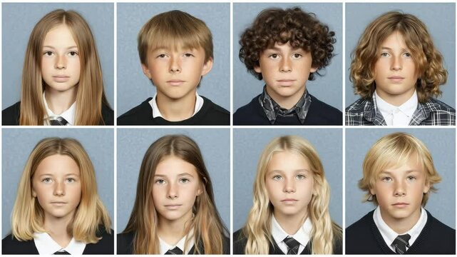 Modern video yearbook school portraits of British teenagers with sharp lighting and neutral backdrops, camera remains fixed with tight symmetrical framing, serious young students in uniform attire.