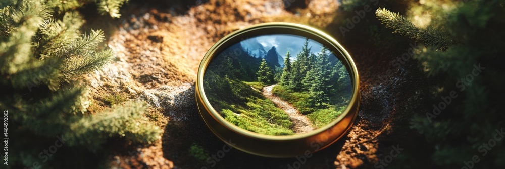 Poster creative mountain compass reveals forest paths for navigation and adventure in a tranquil natural se