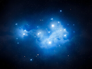 Large cluster of bright blue stars. Pleiades in space isolated. Beautiful Constellation on black background. © Nazarii