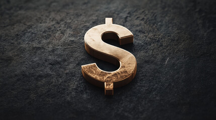 shiny gold dollar sign rests on textured dark surface, symbolizing wealth and prosperity. gleaming surface reflects light, enhancing its luxurious appearance