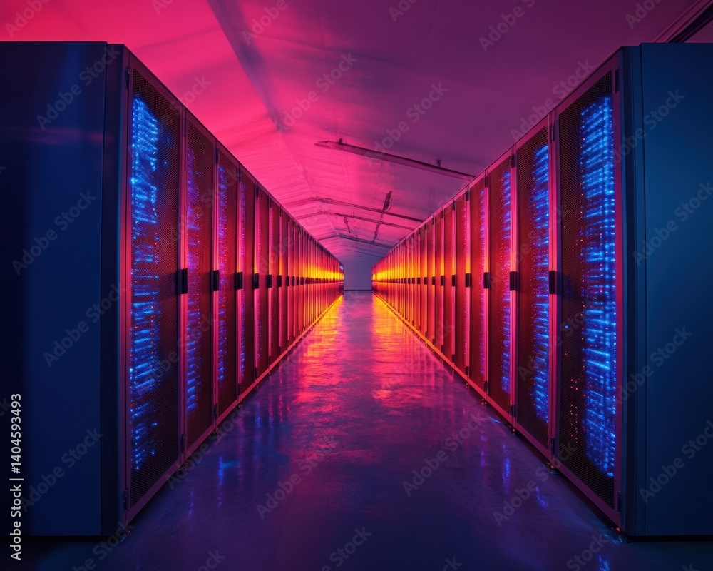 Poster Cyberpunk Digital Infrastructure Immersive Neon-Lit Server Corridor Revealing Next-Generation Cloud Computing and Cutting-Edge Technological Visualization