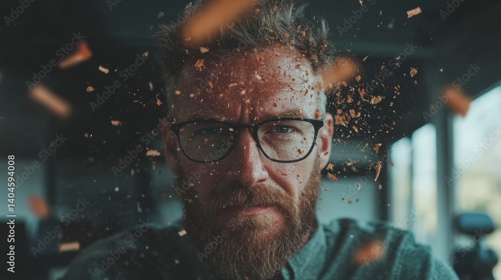 Aufkleber Digital Disruption Portrait Immersive Creative Professional Experiencing Intense Cognitive Flow with Fragmented Particle Visualization - Innovative Mindset and Transformative Workplace Dynamics