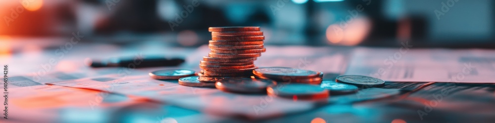 Poster Dynamic Financial Intelligence Minimalist Copper-Toned Investment Strategy Visualization with Stacked Coins and Data Analytics for Modern Wealth Management