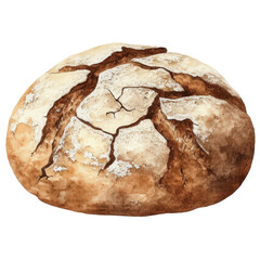 Naklejka premium watercolor illustration of artisanal sourdough bread clipart with cracked crust soft baked texture and hand-painted warmth single object isolate on white background