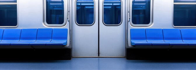 modern subway train interior featuring blue seats and metallic doors, creating clean and minimalist atmosphere. design emphasizes functionality and comfort for commuters