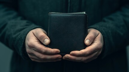 A pair of hands holds a worn black wallet, suggesting themes of wear, care, and personal history.
