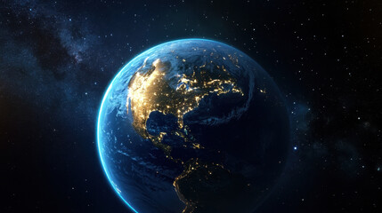 Obraz premium stunning view of Earth from space, showcasing illuminated cities at night and vibrant blue of oceans. This captures beauty and vastness of our planet against backdrop of stars