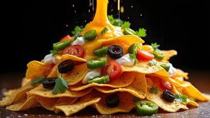 Loaded nacho tower with melted cheese pull and colorful toppings