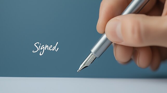 A close-up of a hand holding a silver pen poised to sign, with the word "Signed" in an elegant script nearby.