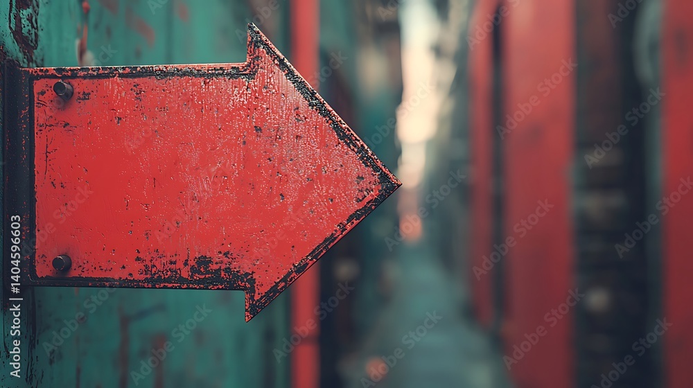 Poster a weathered red arrow sign points down a narrow alley, surrounded by textured walls in muted colors,