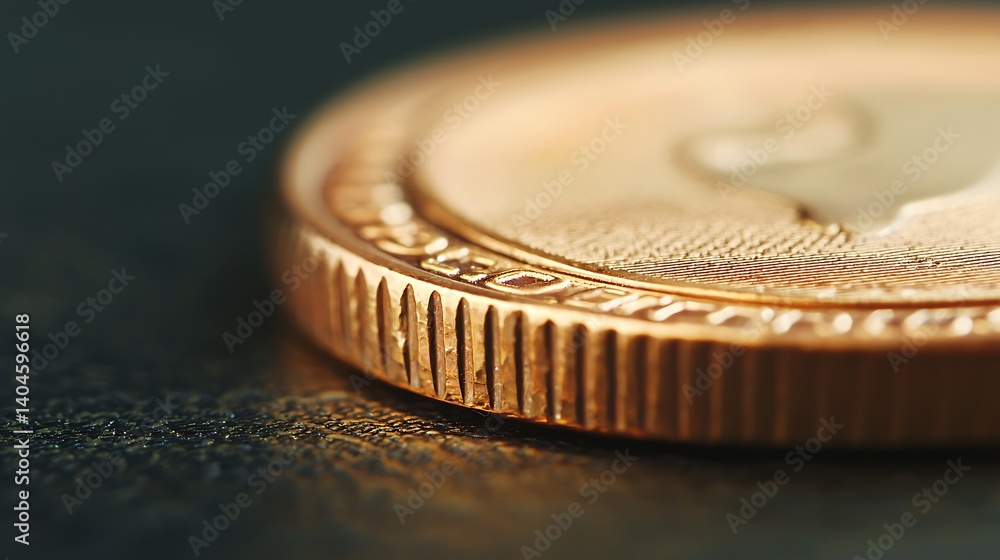 Poster a close-up view of a metallic coin, showcasing its detailed edge and surface, emphasizing texture an