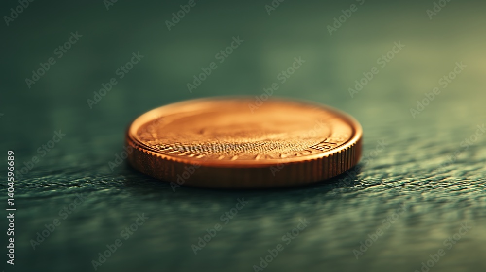 Poster a close-up of a shiny coin resting on a textured surface, showcasing its detailed design and reflect