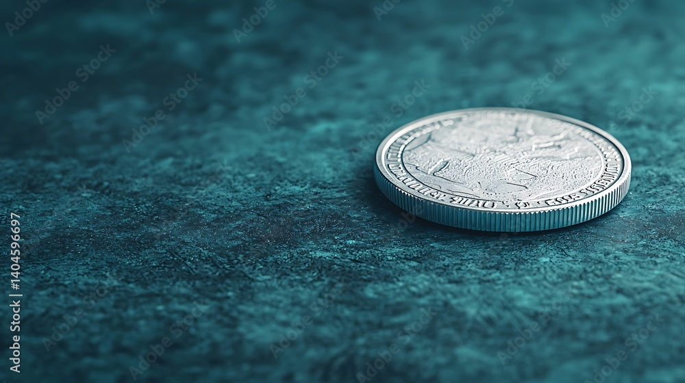 Poster a close-up of a silver coin resting on a textured teal surface, showcasing intricate designs and ref