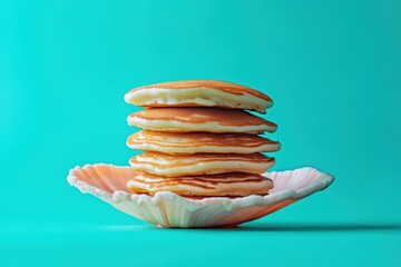 Stacked pancakes rest in a seashell on a teal background.