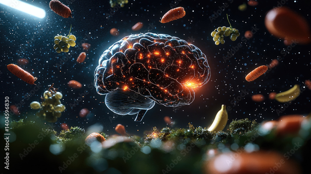 Fototapete glowing brain surrounded by floating fruits and vegetables creates surreal and imaginative scene, sy