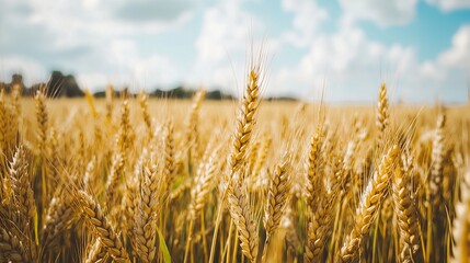 Fototapeta premium Golden wheat field under a blue sky with fluffy clouds, showcasing nature's bounty and agricultural beauty.