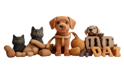 Adorable group of cute cat and dog figurines in various poses against a black background for pet lovers