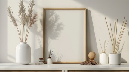 Minimalist Home Decor with Dried Flowers and Blank Frame