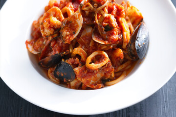 italian spaghetti marinara in tomato sauce