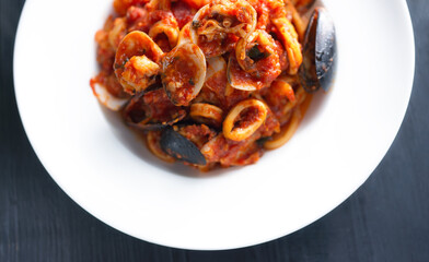 italian spaghetti marinara in tomato sauce