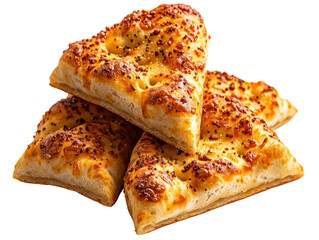 Golden brown cheesy triangle pastries stacked on a black background for delicious culinary inspiration