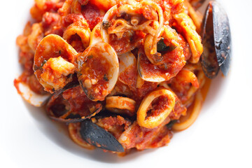 italian spaghetti marinara in tomato sauce