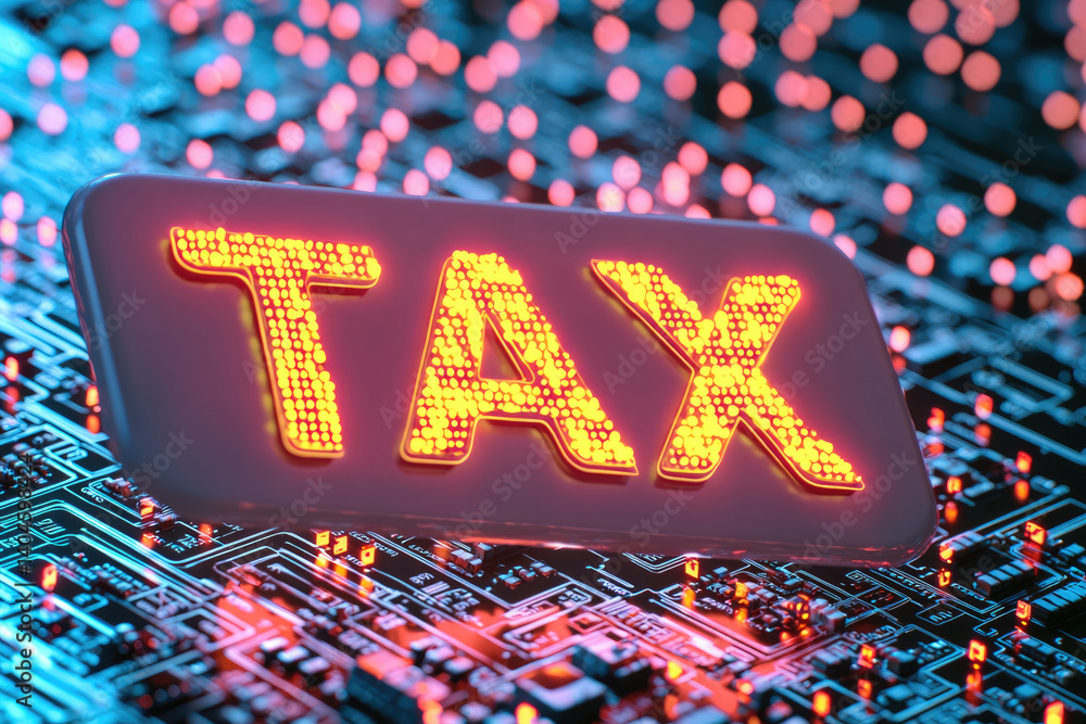 Poster glowing neon sign displaying word tax against backdrop of digital circuit board, symbolizing finance
