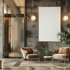 Luxury Lobby Interior with a Golden Elevator, Cozy Chairs, and a Decorative Poster Frame