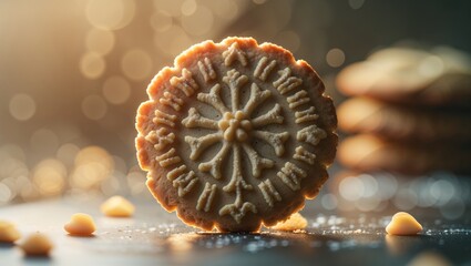 Close-up of a delicately designed shortbread cookie, adorned with a snowflake pattern, subtly lit against a bokeh background, highlighting its intricate details and warm