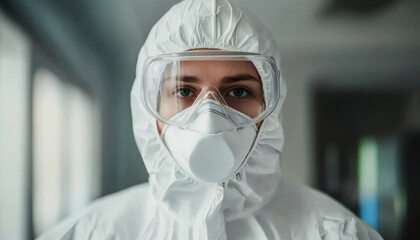 Fototapeta premium Protective gear is essential for safety in industrial and healthcare settings. individual is wearing full body suit, goggles, and mask, showcasing importance of hygiene and safety measures