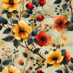 A vibrant floral design featuring yellow and red flowers with green leaves, set against a soft, muted background.