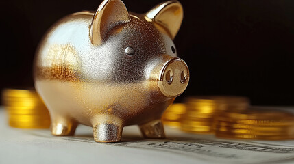 shiny golden piggy bank sits on surface surrounded by stacks of coins, symbolizing savings and financial growth. image evokes sense of prosperity and careful investment