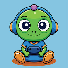 Obraz premium Cute Alien Cartoon Character Gaming With Headphones In Sitting Position Illustration
