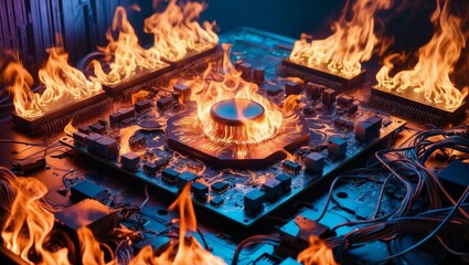 Intense close-up captures a burning circuit board, highlighting technological failure with flames.