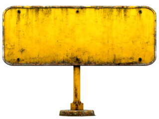 A weathered, yellow road sign with a rusted frame stands against a neutral background, bearing the marks of time and exposure