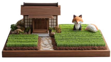 Exquisite miniature japanese house with lush greenery and charming fox figurine in a tranquil garden setting