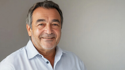 Obraz premium Smiling middle-aged man in a professional setting, cropped close-up of face and shoulders