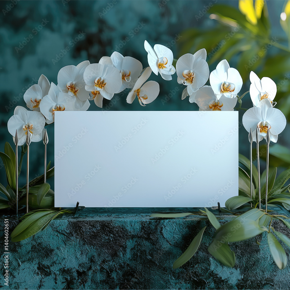 Poster beautiful arrangement of white orchids surrounds blank sign on textured green background, creating e